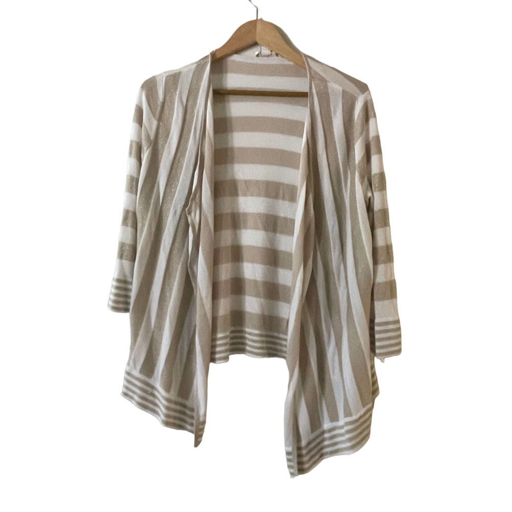 Chico's Size 1 US M/8 White Gold Striped Metallic Cardigan Open Front 3/4 Sleeve